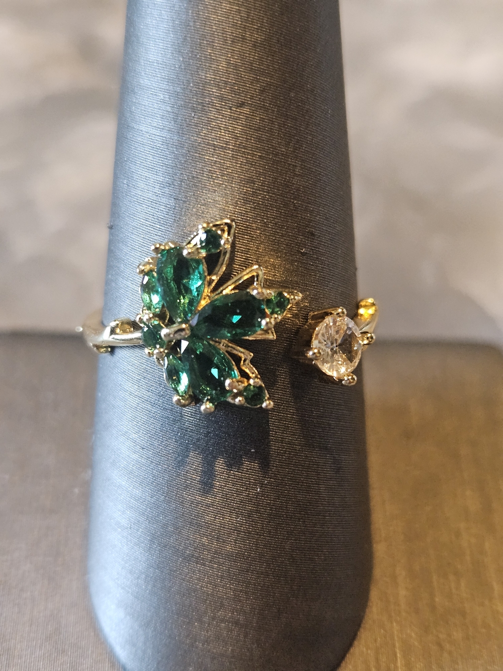 Gold-Tone Leaf Cluster Ring with Emerald Green and Clear Stones